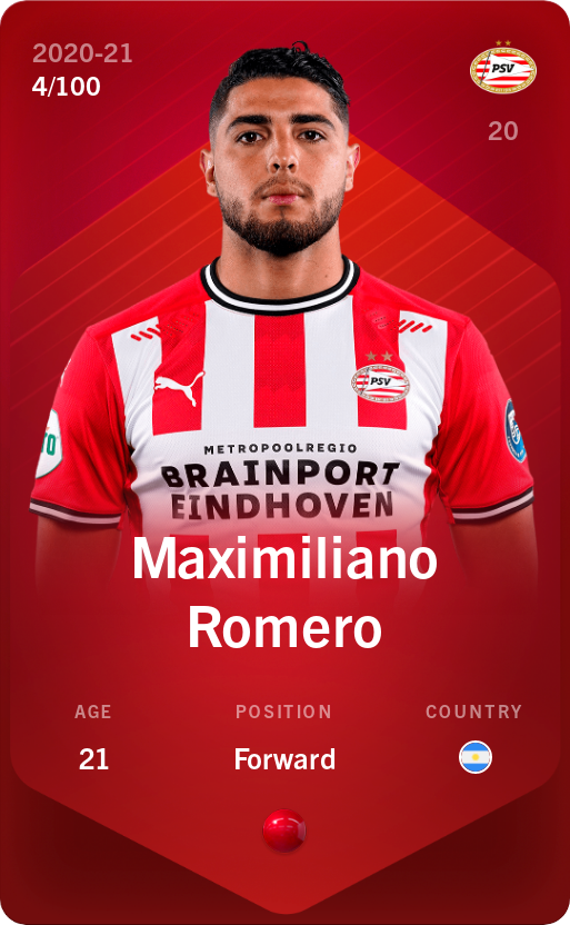 Sorare - Sorare Official - Maximiliano Romero 2020-21 • Rare 4/100 - NFT # 64651459615894324259352083297145222611699701893504550652758516276972592844494