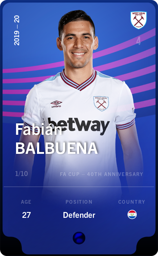 Sorare - Sorare Official - Fabián Balbuena 2019-20 • Super Rare 1/10 - NFT # 49437355103100483714628913184066562208087680385421465180023523596247587924404