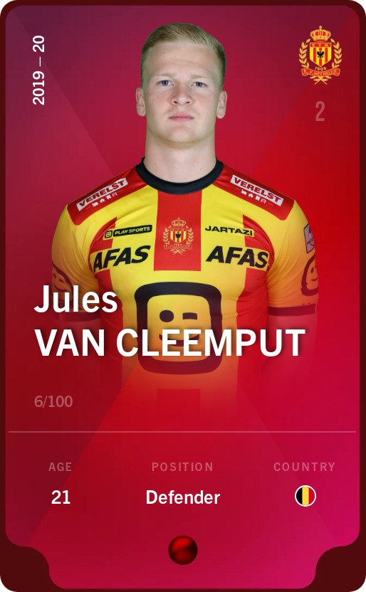 Sorare - Sorare Official - Jules Van Cleemput 2019-20 • Rare 6/100 - NFT # 70722814744762321282036812275800260299916366580374798389838176535132898811564