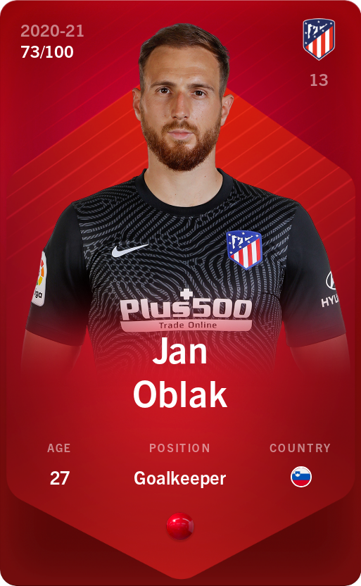 Sorare - Sorare Official - Jan Oblak 2020-21 • Rare 73/100 - NFT # 54915644005253525378641455741490736107965308842725425346053879487317372826132