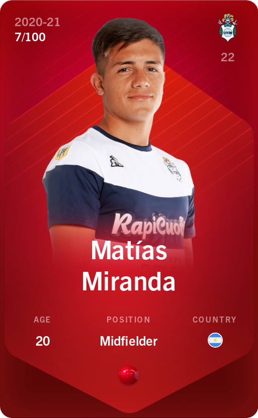 Sorare - Sorare Official - Matías Miranda 2020-21 • Rare 7/100 - NFT # 46275291786478464463257875806589191440934397427468319897713454557000857448104