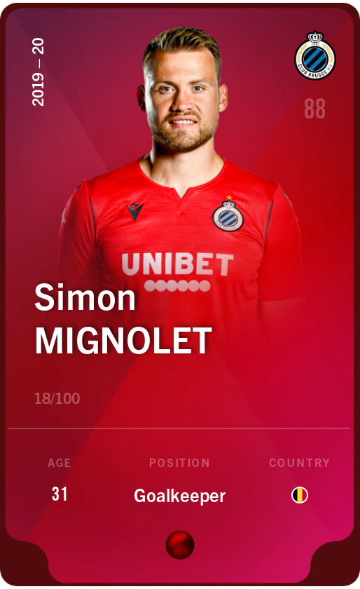 Sorare - Sorare Official - Simon Mignolet 2019-20 • Rare 18/100 - NFT # 50381582337719019590882180369145073452787548237246629694636612266614379243580