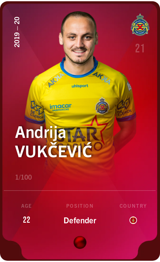 Sorare - Sorare Official - Andrija Vukčević 2019-20 • Rare 1/100 - NFT # 101218664618366150639507103245832846894793190642343441174346436171631535817468