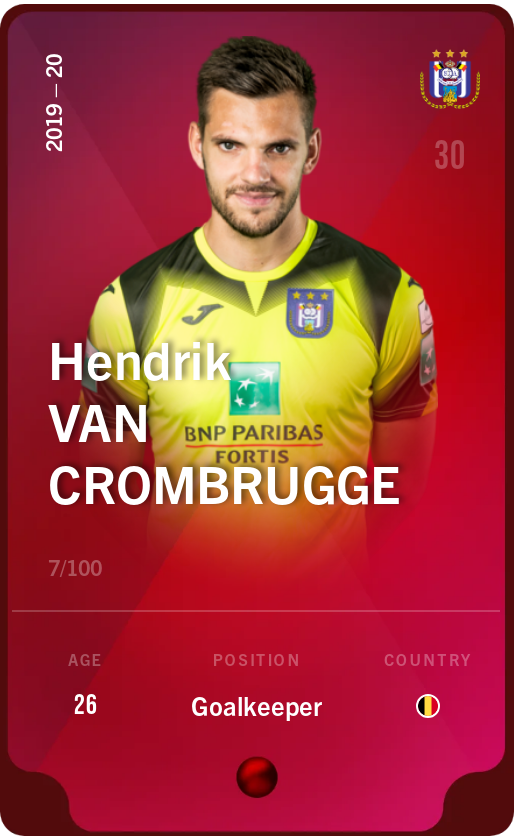Sorare - Sorare Official - Hendrik Van Crombrugge 2019-20 • Rare 7/100 - NFT # 55690212980643284676533648798581608312557882512782889709653335330294869228460