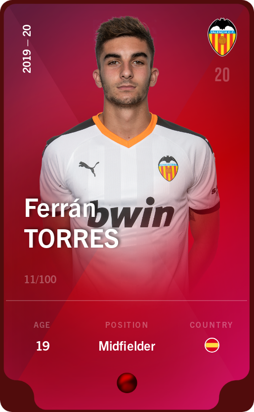 Sorare - Sorare Official - Ferrán Torres 2019-20 • Rare 11/100 - NFT # 1155826792204034983483760576788864309113587662155488247987837121510713343679