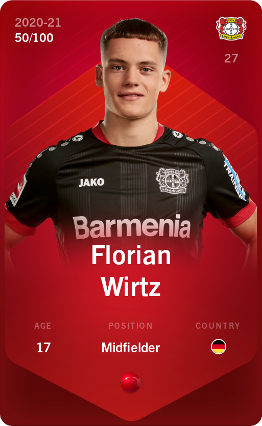 Sorare - Sorare Official - Florian Wirtz 2020-21 • Rare 50/100 - NFT # 52234336709436702446459088898679665256319613777450347228230260568689619902541