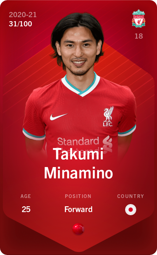 Sorare - Sorare Official - Takumi Minamino 2020-21 • Rare 31/100 - NFT # 46057099728993645774675991808437484412401118522403155672800689797554056669262