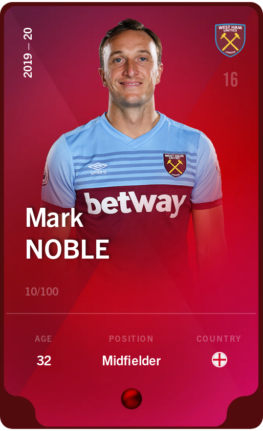 Sorare - Sorare Official - Mark Noble 2019-20 • Rare 10/100 - NFT # 53200629863787388102898767970933933005175830816909376417600442815990788066907