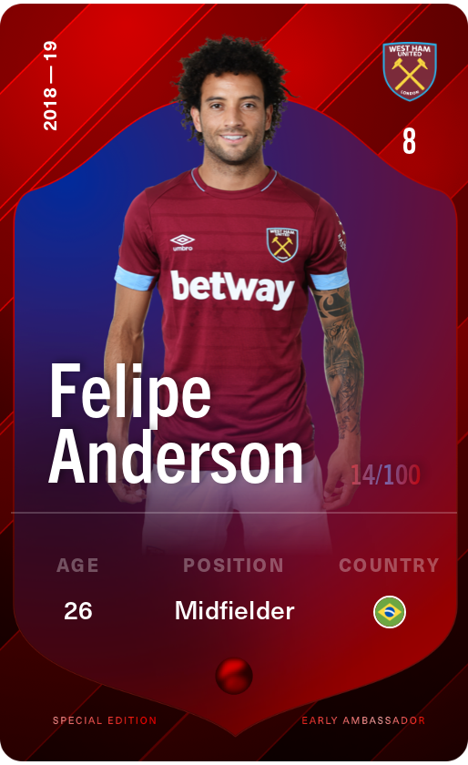 Sorare - Sorare Official - Felipe Anderson 2018-19 • Rare 14/100 - NFT # 51937684410147480009511691216545361313574378361010155569300932792219679265275