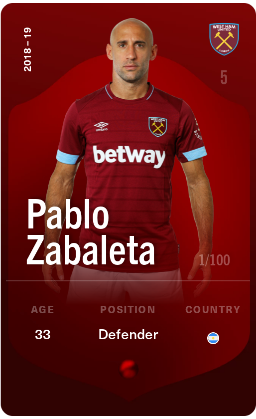 Sorare - Sorare Official - Pablo Zabaleta 2018-19 • Rare 1/100 - NFT # 539373556100470621204220790970304512217245015885822855157768151475803663278