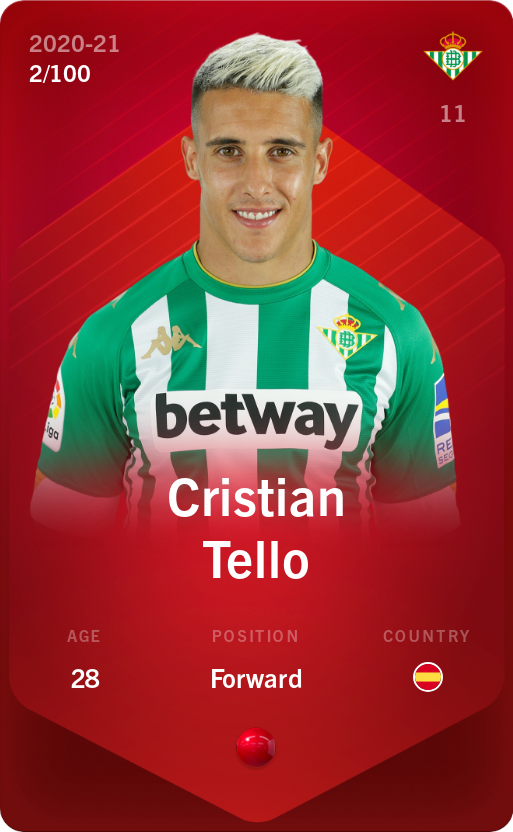 Sorare - Sorare Official - Cristian Tello 2020-21 • Rare 2/100 - NFT # 53150116826540191345088585083073272088445922400016315783399674852988617302373