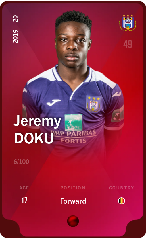 Sorare - Sorare Official - Jeremy Doku 2019-20 • Rare 6/100 - NFT # 61117949123849867473590568909031918770774285411615384601922281830116095018603