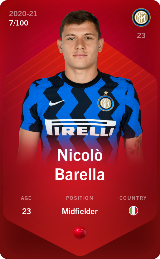 Sorare - Sorare Official - Nicolò Barella 2020-21 • Rare 7/100 - NFT # 81890646516867817329159437221488010445105162074994713946138948053013476767212