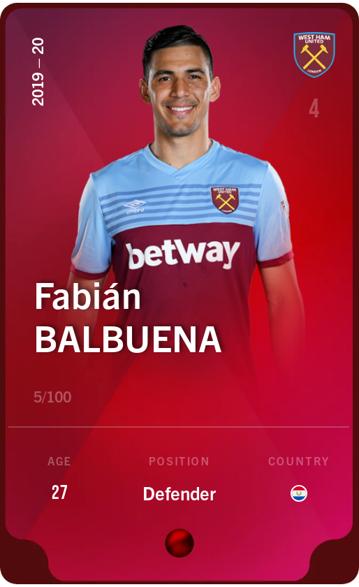 Sorare - Sorare Official - Fabián Balbuena 2019-20 • Rare 5/100 - NFT # 11174776562813769893660399532760709827181520762689773120665371183665619419965