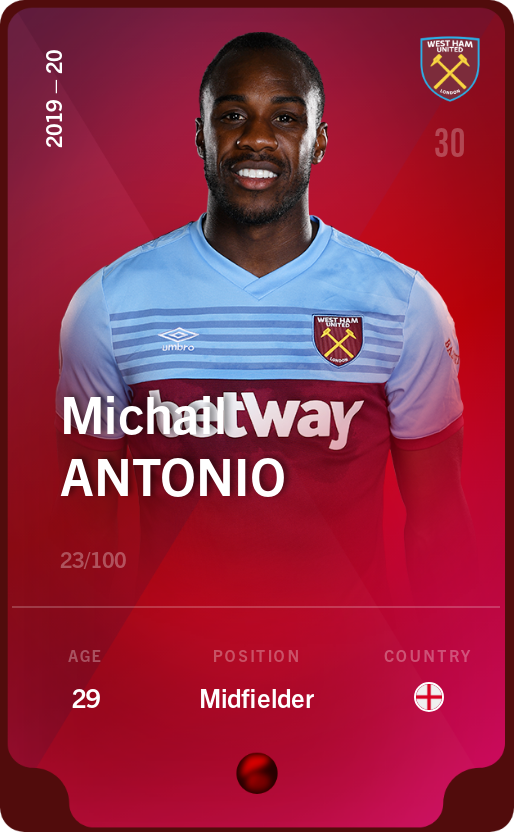 Sorare - Sorare Official - Michail Antonio 2019-20 • Rare 23/100 - NFT # 107140676246845081680740275605562286623755676347982411349941860779639697987298