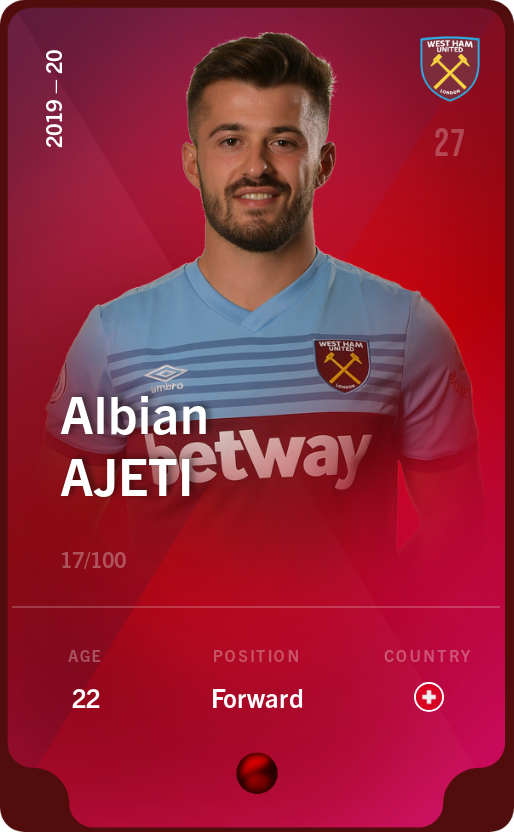 Sorare - Sorare Official - Albian Ajeti 2019-20 • Rare 17/100 - NFT # 6880657308801565991672959807086469008062786123874730758295294244930255212260