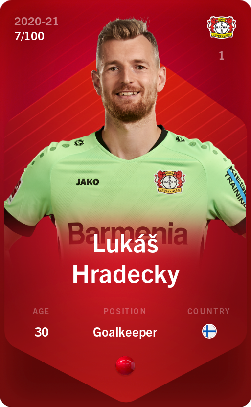 Sorare - Sorare Official - Lukáš Hradecky 2020-21 • Rare 7/100 - NFT # 39092244548441550731892315568676050464839723882590398855398849095202325468271