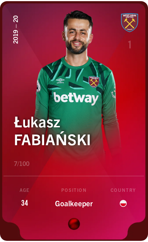 Sorare - Sorare Official - Łukasz Fabiański 2019-20 • Rare 7/100 - NFT # 67525438399799558281759261715888308633417514195601670572453070874518051859452