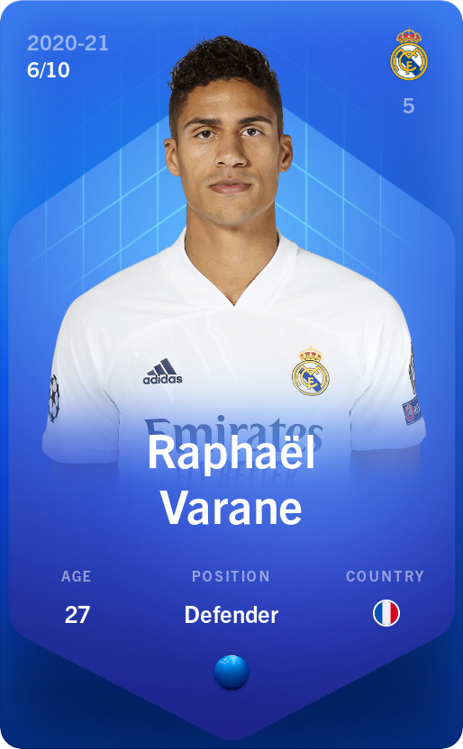 Sorare - Sorare Official - Raphaël Varane 2020-21 • Super Rare 6/10 - NFT # 52807001707569824343720758533911616172091865525456619231835404828710624227858