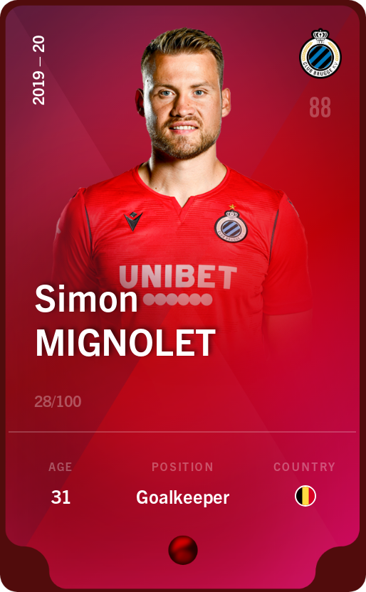 Sorare - Sorare Official - Simon Mignolet 2019-20 • Rare 28/100 - NFT # 79647156625708123806076518468712634415075517210080651879235196449507922913002
