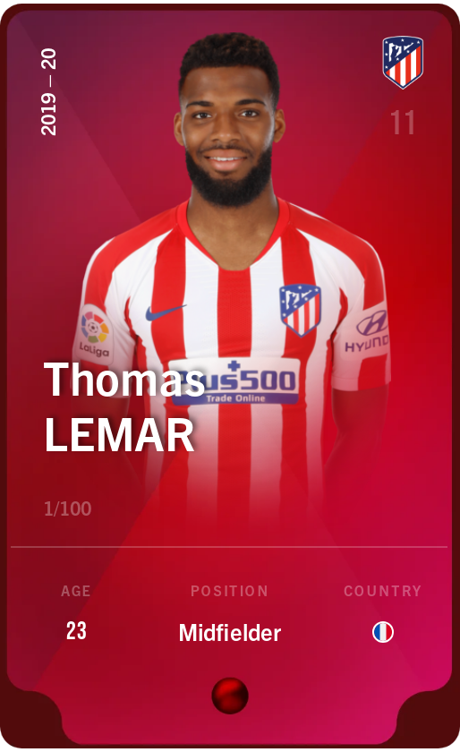Sorare - Sorare Official - Thomas Lemar 2019-20 • Rare 1/100 - NFT # 29541964094264487781581127600440327160496494458026924599175158583757661661127