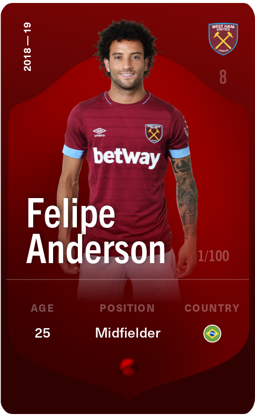 Sorare - Sorare Official - Felipe Anderson 2018-19 • Rare 1/100 - NFT # 36923360956197213130507588742917345066709313193067474209213486561539953324762