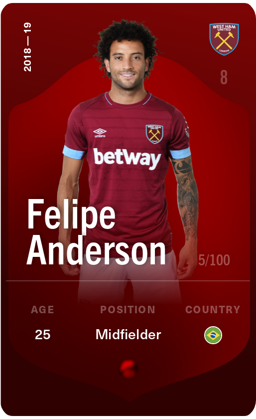 Sorare - Sorare Official - Felipe Anderson 2018-19 • Rare 5/100 - NFT # 72005165633683829462452119524631255415001120588268290332060793771178303689147