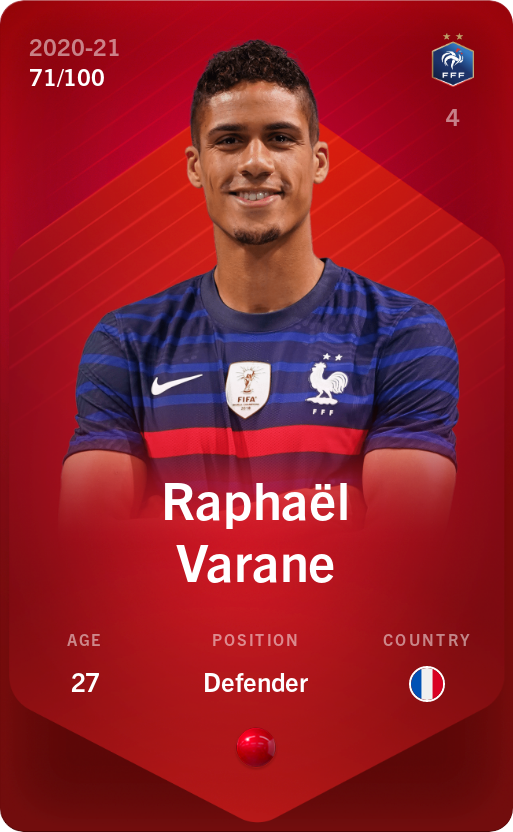 Sorare - Sorare Official - Raphaël Varane 2020-21 • Rare 71/100 - NFT # 110282328982855751837273261453706384696945125936243031474010139765679113650217