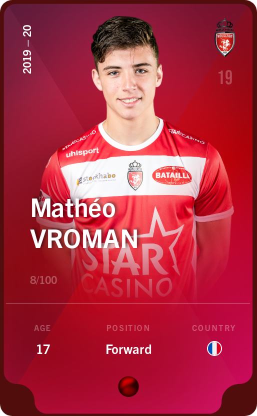 Sorare - Sorare Official - Mathéo Vroman 2019-20 • Rare 8/100 - NFT # 69169977233035078435355802041107398422732664649012199450067453068502936679274