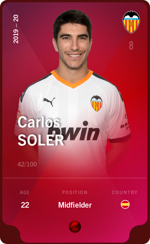 Sorare - Sorare Official - Carlos Soler 2019-20 • Rare 42/100 - NFT # 80794118894409357025450331077536874866730131849859225720056514848279511470448