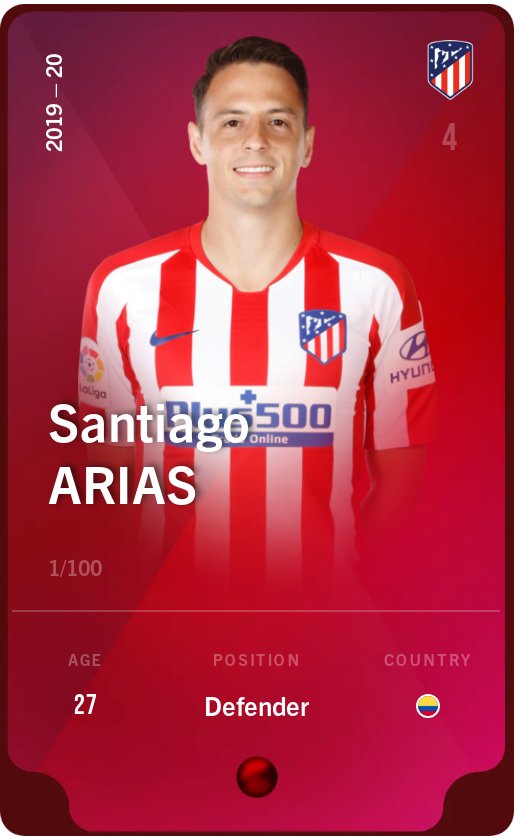 Sorare - Sorare Official - Santiago Arias 2019-20 • Rare 1/100 - NFT # 97292239766894533878235851635709447790073497355850879029851385620758767058366