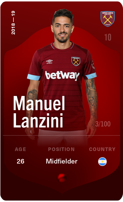 Sorare - Sorare Official - Manuel Lanzini 2018-19 • Rare 3/100 - NFT # 88710603470401570880669341975127519666740999864879385411626729639704566685209