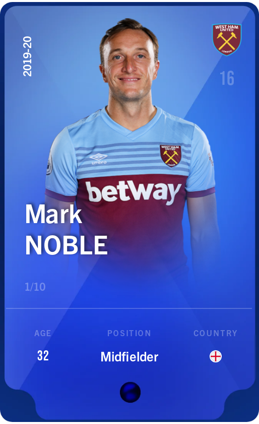 Sorare - Sorare Official - Mark Noble 2019-20 • Super Rare 1/10 - NFT # 68934284564429341716192114806229655492564022493170366392737873259873597601278