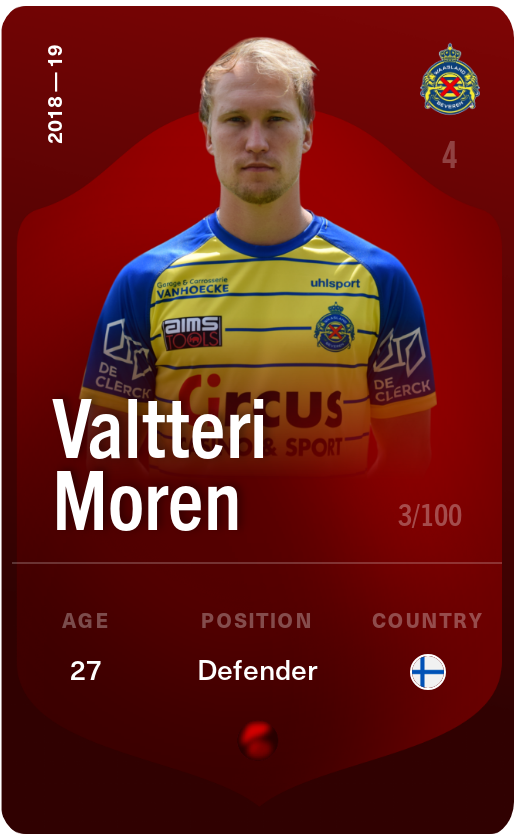 Sorare - Sorare Official - Valtteri Moren 2018-19 • Rare 3/100 - NFT # 113535493308565729733607815445187734398421767814443691976222261545626782041048