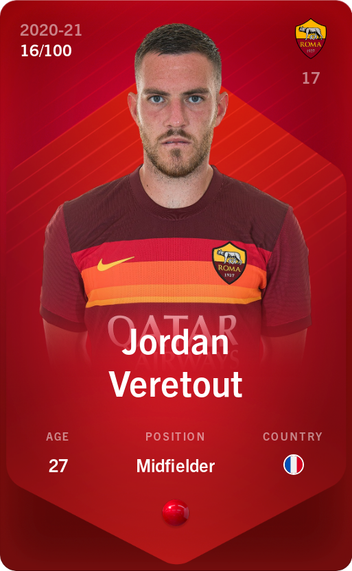Sorare - Sorare Official - Jordan Veretout 2020-21 • Rare 16/100 - NFT # 96499290338283388072048778526182747816756579241459592401418355897396222111826