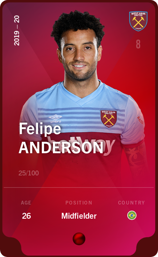 Sorare - Sorare Official - Felipe Anderson 2019-20 • Rare 25/100 - NFT # 110475648782638064684333018042976349580304498365266037135928116212295016133529