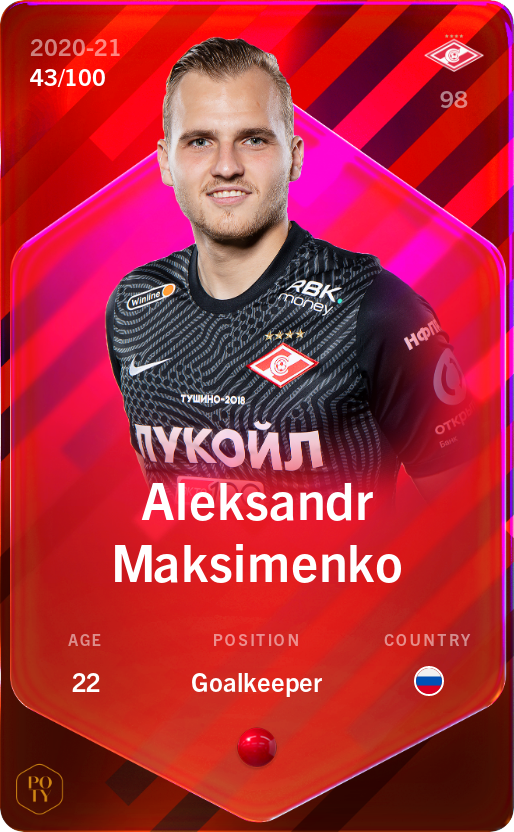 Sorare - Sorare Official - Aleksandr Maksimenko 2020-21 • Rare 43/100 - NFT # 62115905693670084672113454272325770978993854552393303350476389522993570105769