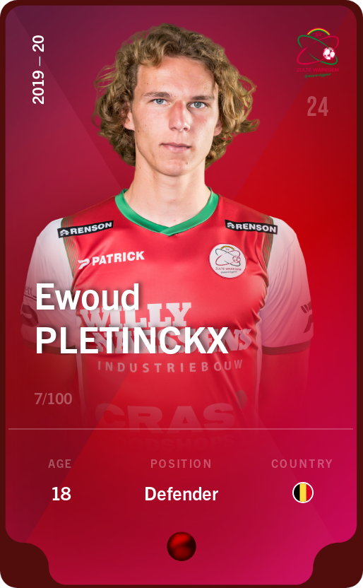 Sorare - Sorare Official - Ewoud Pletinckx 2019-20 • Rare 7/100 - NFT # 97621835138147458570898161590374085513112785369640956163722487368509308673318