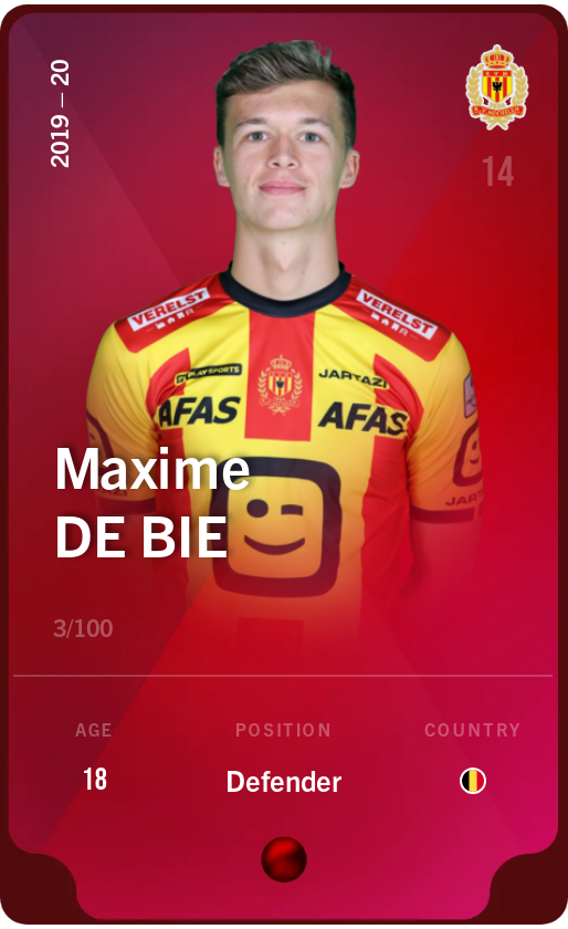 Sorare - Sorare Official - Maxime De Bie 2019-20 • Rare 3/100 - NFT # 88554784591949125429804526159656322933018697121456721078056128224278682242482