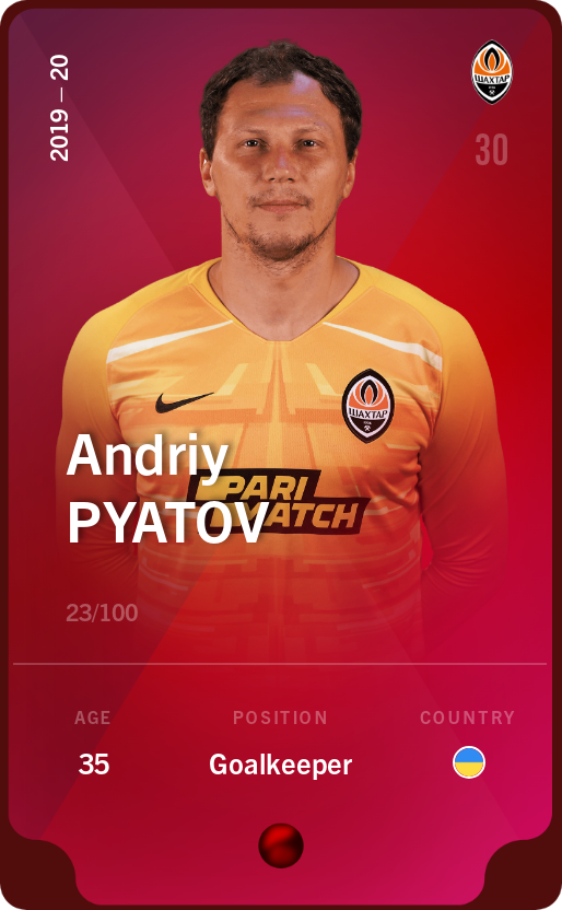 Sorare - Sorare Official - Andriy Pyatov 2019-20 • Rare 23/100 - NFT # 76544305408192763821128108635850551034399724242187789505366985656021300255253
