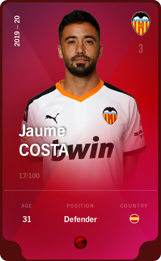 Sorare - Sorare Official - Jaume Costa 2019-20 • Rare 17/100 - NFT # 85743469447097827835710990662316087156288943240681713193051216909253369850772