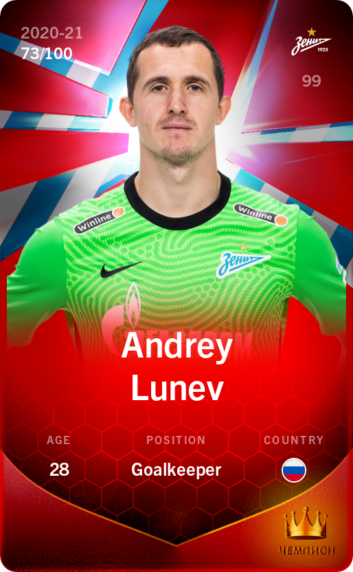 Sorare - Sorare Official - Andrey Lunev 2020-21 • Rare 73/100 - NFT # 114986196883016308711405411242328062183629754228001421178143156104071841329065