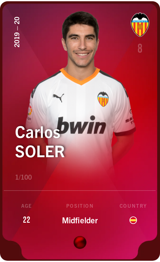Sorare - Sorare Official - Carlos Soler 2019-20 • Rare 1/100 - NFT # 42723626956307832752171117732593261589734872725988061603020087753387782531769