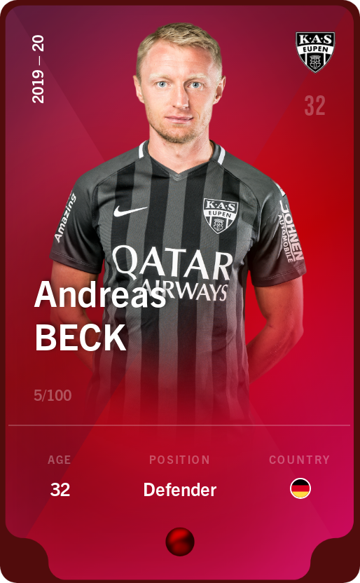 Sorare - Sorare Official - Andreas Beck 2019-20 • Rare 5/100 - NFT # 91454516509155474373077679228002146091259775068722357232449048496548238355581