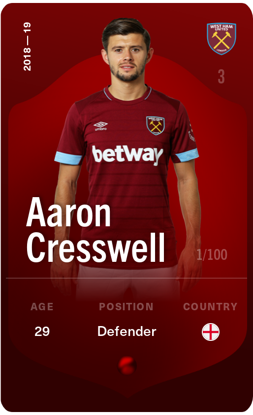 Sorare - Sorare Official - Aaron Cresswell 2018-19 • Rare 1/100 - NFT # 79654570337754417132753697774242798330000112545784954403768158537364442194416