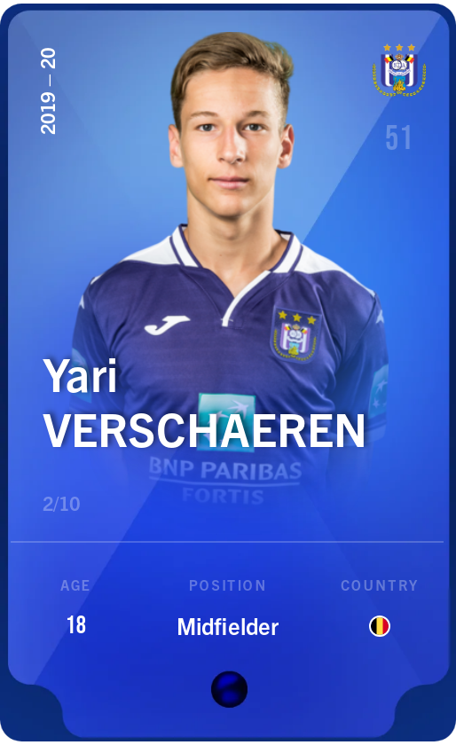 Sorare - Sorare Official - Yari Verschaeren 2019-20 • Super Rare 2/10 - NFT # 51532402644299536471292206765167906752656541211063369605708293112903266005471