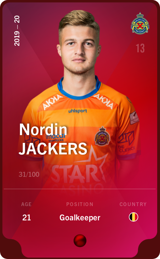 Sorare - Sorare Official - Nordin Jackers 2019-20 • Rare 31/100 - NFT # 102676046265912765784059720171523056458162792831487856582218020879353978709301