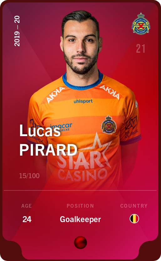 Sorare - Sorare Official - Lucas Pirard 2019-20 • Rare 15/100 - NFT # 106525535179540441724153665102550255775471055502360833493173664048488454886310