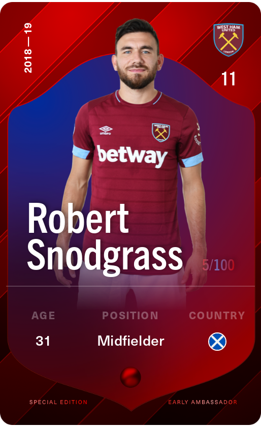 Sorare - Sorare Official - Robert Snodgrass 2018-19 • Rare 5/100 - NFT # 70196745148259733600471330450325238506159183624858217856484008032536212641765