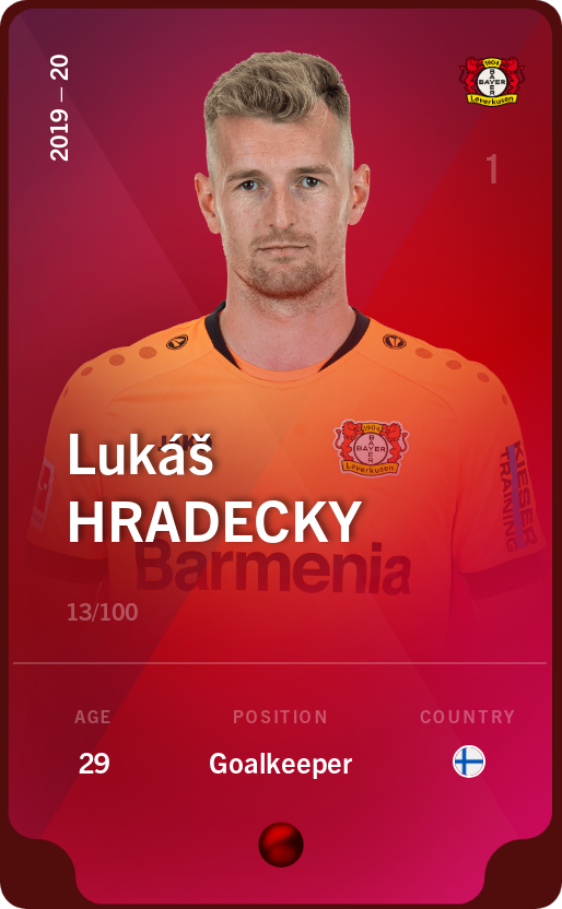 Sorare - Sorare Official - Lukáš Hradecky 2019-20 • Rare 13/100 - NFT # 109976235143378124400840919002738631113808640847146708361911047502454591955108